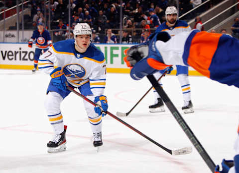 ELMONT, NEW YORK – DECEMBER 30: JJ Peterka #77 of the Buffalo Sabres skates against the New York Islanders at the UBS Arena on December 30, 2021 in Elmont, New York. (Photo by Bruce Bennett/Getty Images)