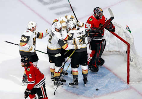 Patrick Brown #38 and the Vegas Golden Knights celebrate his goal against the Chicago Blackhawks at 15:23 of the second period in Game Three of the Western Conference First Round. (Photo by Jeff Vinnick/Getty Images)