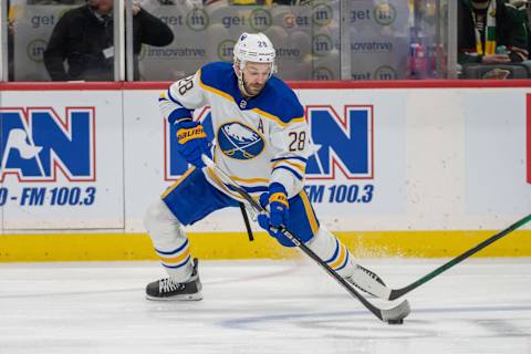 Jan 28, 2023; Saint Paul, Minnesota, USA; Buffalo Sabres left wing Zemgus Girgensons (28) in action against the Buffalo Sabres in the third period at Xcel Energy Center. Mandatory Credit: Matt Blewett-USA TODAY Sports