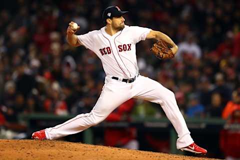 BOSTON, MA – OCTOBER 24: Nathan Eovaldi #17 of the Boston Red Sox pitches in the eighth inning during Game 2 of the 2018 World Series against the Los Angeles Dodgers at Fenway Park on Wednesday, October 24, 2018 in Boston, Massachusetts. (Photo by Adam Glanzman/MLB Photos via Getty Images)