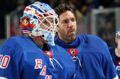 NEW YORK, NY – MARCH 25: Henrik Lundqvist #30 and Alexandar Georgiev #40 of the New York Rangers head off the ice after the third period against the Pittsburgh Penguins at Madison Square Garden on March 25, 2019 in New York City. The Pittsburgh Penguins won 5-2. (Photo by Jared Silber/NHLI via Getty Images)