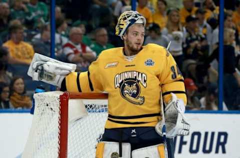 Apr 7, 2016; Tampa, FL, USA; Boston College Eagles goalie Thatcher Demko (30) looks on during the second period of the semifinals of the 2016 Frozen Four college ice hockey tournament against the Quinnipiac Bobcats at Amalie Arena. Mandatory Credit: Kim Klement-USA TODAY Sports