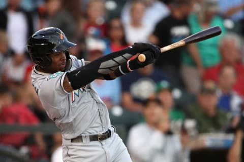 SURPRISE, AZ – NOVEMBER 03: AFL East All-Star, Monte Harrison #4 of the Miami Marlins bats during the Arizona Fall League All Star Game at Surprise Stadium on November 3, 2018 in Surprise, Arizona. (Photo by Christian Petersen/Getty Images)