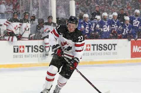 BUFFALO, NY: Sam Steel #23 of Canada during the IIHF World Junior Championship at New Era Field against the United States on December 29, 2017. (Photo by Kevin Hoffman/Getty Images)