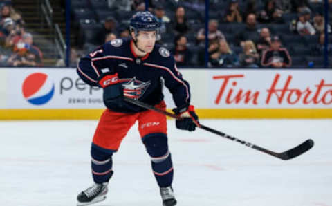 Sep 28, 2022; Columbus, Ohio, USA; Columbus Blue Jackets defenseman Denton Mateychuk (5) skates against the Buffalo Sabres in the third period at Nationwide Arena. Mandatory Credit: Aaron Doster-USA TODAY Sports