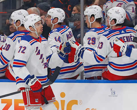 Nov 5, 2021; Edmonton, Alberta, CAN; New York Rangers forward Filip Chytil (72) celebrates a first period goal against the Edmonton Oilers at Rogers Place. Mandatory Credit: Perry Nelson-USA TODAY Sports