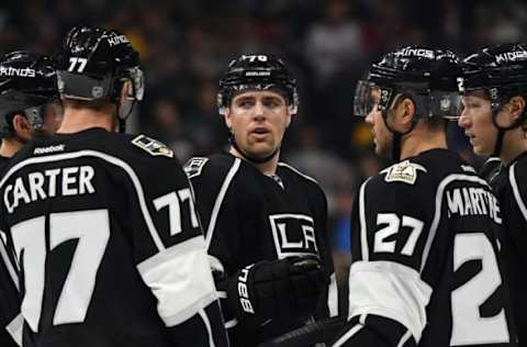 NHL Power Rankings: Los Angeles Kings defenseman Alec Martinez (27), center Jeff Carter (77), left wing Tanner Pearson (70), defenseman Alec Martinez (27) and center Tyler Toffoli (73) on the ice during a time out in the third period of the game against the Montreal Canadiens at Staples Center. Canadians won in a shootout 5-4. Mandatory Credit: Jayne Kamin-Oncea-USA TODAY Sports