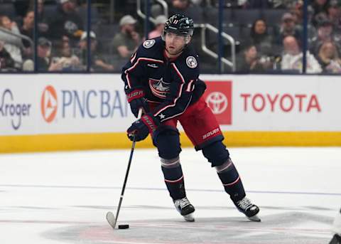 COLUMBUS, OHIO – SEPTEMBER 24: Adam Fantilli #11 of the Columbus Blue Jackets skates with the puck during the second period against the Pittsburgh Penguins at Nationwide Arena on September 24, 2023 in Columbus, Ohio. (Photo by Jason Mowry/Getty Images)