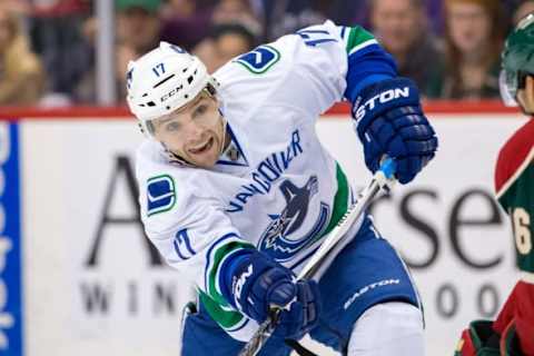 Dec 15, 2015; Saint Paul, MN, USA; Vancouver Canucks forward Radim Vrbata (17) shoots in the second period against the Minnesota Wild at Xcel Energy Center. Mandatory Credit: Brad Rempel-USA TODAY Sports