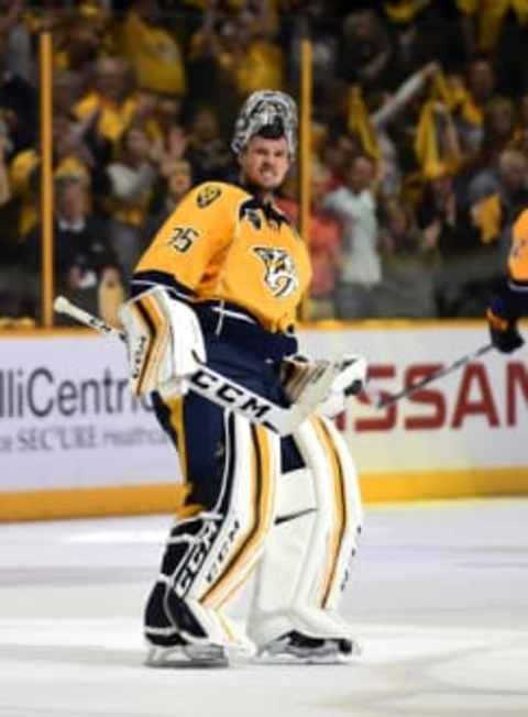 Nashville Predators goalie Pekka Rinne (35) celebrates after a win against the Anaheim Ducks in game six of the Stanley Cup Playoffs. Mandatory Credit: Christopher Hanewinckel-USA TODAY Sports