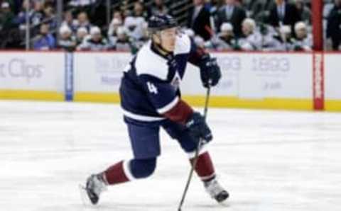 Nov 5, 2016; Denver, CO, USA; Colorado Avalanche defenseman Tyson Barrie (4) shoots the puck in the second period against the Minnesota Wild at the Pepsi Center. Mandatory Credit: Isaiah J. Downing-USA TODAY Sports