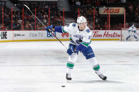 OTTAWA, ON – JANUARY 2: Jake Virtanen #18 of Vancouver Canucks shoots the puck against the Ottawa Senators at Canadian Tire Centre on January 2, 2019 in Ottawa, Ontario, Canada. (Photo by Jana Chytilova/Freestyle Photography/Getty Images)