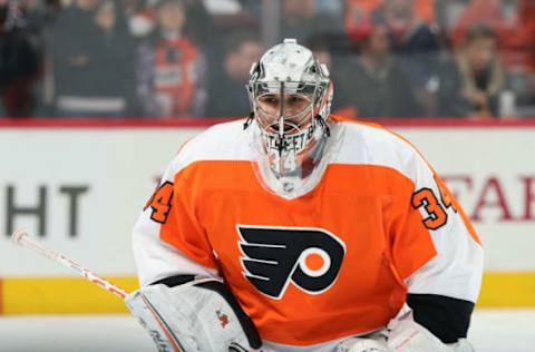 PHILADELPHIA, PA – APRIL 07: Petr Mrazek #34 of the Philadelphia Flyers warms up against the New York Rangers on April 7, 2018, at the Wells Fargo Center in Philadelphia, Pennsylvania. (Photo by Len Redkoles/NHLI via Getty Images)