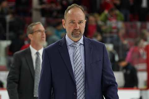 RALEIGH, NC – OCTOBER 26: San Jose Sharks head coach Peter DeBoer walks off the ice during a game between the Carolina Hurricanes and the San Jose Sharks at the PNC Arena in Raleigh, NC on October 26, 2018. Carolina defeated San Jose 4-3 in a shootout. (Photo by Greg Thompson/Icon Sportswire via Getty Images)