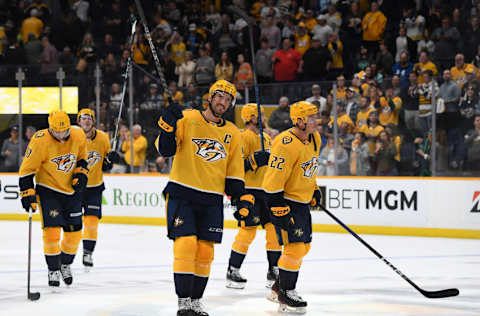 Oct 12, 2023; Nashville, Tennessee, USA; Nashville Predators defenseman Roman Josi (59) celebrates to the fans after a win against the Seattle Kraken at Bridgestone Arena. Mandatory Credit: Christopher Hanewinckel-USA TODAY Sports