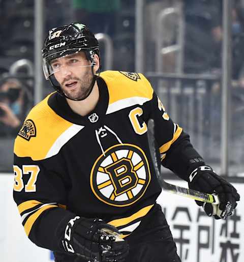 May 1, 2021; Boston, Massachusetts, USA; Boston Bruins center Patrice Bergeron (37) reacts after scoring a goal during the second period against the Buffalo Sabres at TD Garden. Mandatory Credit: Bob DeChiara-USA TODAY Sports