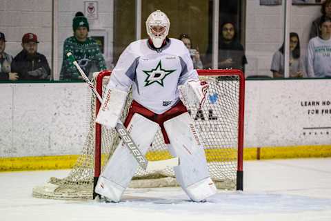 FRISCO, TX – JULY 08: Dallas Stars top prospect goalie Jake Oettinger goes through drills during the Dallas Stars Development Camp on July 08, 2017 at the Dr Pepper StarCenter in Frisco, TX. (Photo by Matthew Pearce/Icon Sportswire via Getty Images)