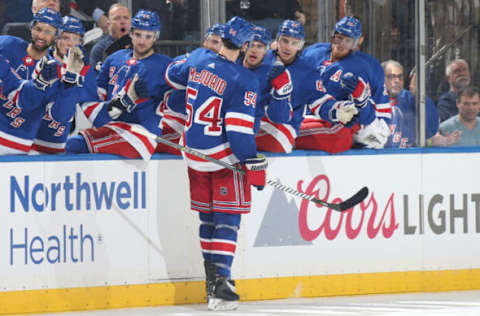 NEW YORK, NY – FEBRUARY 10: Adam McQuaid #54 of the New York Rangers celebrates after scoring a goal in the third period against the Toronto Maple Leafs at Madison Square Garden on February 10, 2019 in New York City. (Photo by Jared Silber/NHLI via Getty Images)