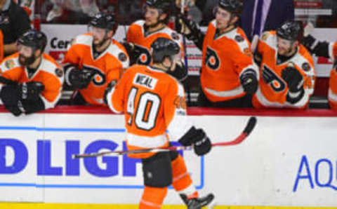 Mar 2, 2017; Philadelphia, PA, USA; Philadelphia Flyers center Jordan Weal (40) celebrates his goal during the shootout period against the Florida Panthers at Wells Fargo Center. The Flyers defeated the Panthers, 2-1 in a shootout. Mandatory Credit: Eric Hartline-USA TODAY Sports