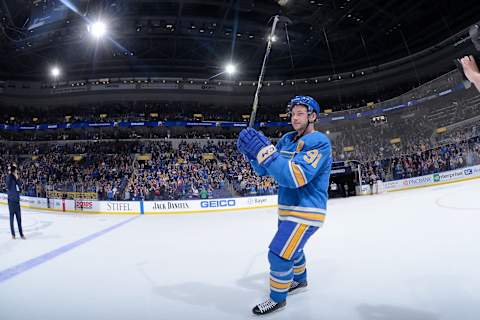 ST. LOUIS, MO – APRIL 6: Vladimir Tarasenko #91 of the St. Louis Blues acknowledges fans after being named the first star of the game after beating the Vancouver Canucks 3-2 in a shoot out at Enterprise Center on April 6, 2019 in St. Louis, Missouri. (Photo by Joe Puetz/NHLI via Getty Images)