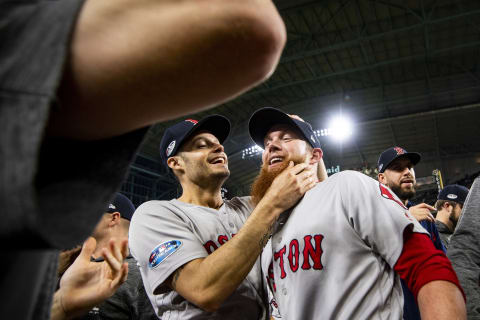 HOUSTON, TX – OCTOBER 18: Joe Kelly #56 and Craig Kimbrel #46 of the Boston Red Sox celebrate after clinching the American League Championship Series in game five against the Houston Astros on October 18, 2018 at Minute Maid Park in Houston, Texas. (Photo by Billie Weiss/Boston Red Sox/Getty Images)