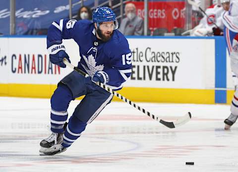 TORONTO, ON – MAY 27: Alexander Kerfoot #15 of the Toronto Maple Leafs   (Photo by Claus Andersen/Getty Images)