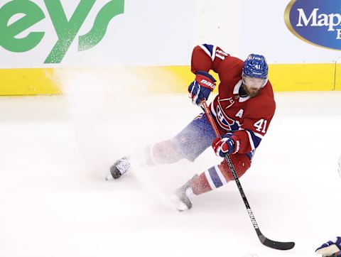 TORONTO, ONTARIO – JULY 28: Paul Byron #41 of the Montreal Canadiens takes the puck in the third period against the Toronto Maple Leafs during an exhibition game prior to the 2020 NHL Stanley Cup Playoffs at Scotiabank Arena on July 28, 2020 in Toronto, Ontario. (Photo by Andre Ringuette/Freestyle Photo/Getty Images)