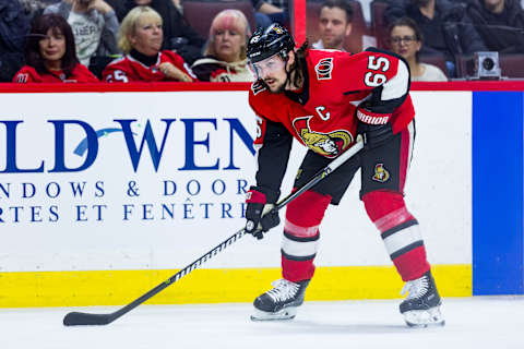 OTTAWA, ON – DECEMBER 19: Ottawa Senators Defenceman Erik Karlsson (65) prepares for the faceoff during first period National Hockey League action between the Minnesota Wild and Ottawa Senators on December 19, 2017, at Canadian Tire Centre in Ottawa, ON, Canada. (Photo by Richard A. Whittaker/Icon Sportswire via Getty Images)