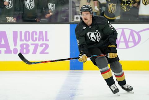 LAS VEGAS, NEVADA – NOVEMBER 13: Mark Stone #61 of the Vegas Golden Knights warms up prior to a game against the Chicago Blackhawks at T-Mobile Arena on November 13, 2019 in Las Vegas, Nevada. (Photo by Jeff Bottari/NHLI via Getty Images)