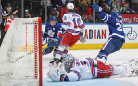 TORONTO, CANADA – JANUARY 25: Mitchell Marner #16 of the Toronto Maple Leafs celebrates his game-winning goal in overtime against the New York Rangers during an NHL game at Scotiabank Arena on January 25, 2023, in Toronto, Ontario, Canada. The Maple Leafs defeated the Rangers 3-2 in overtime. (Photo by Claus Andersen/Getty Images)