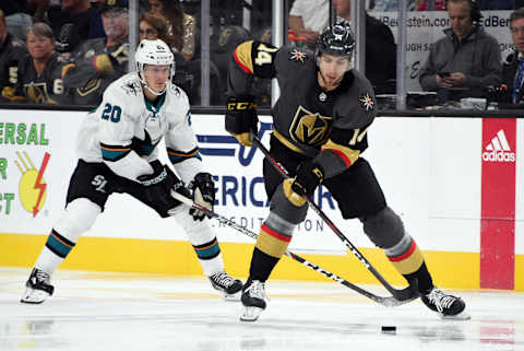 LAS VEGAS, NEVADA – SEPTEMBER 29: Nicolas Hague #14 of the Vegas Golden Knights skates during the second period against the San Jose Sharks at T-Mobile Arena on September 29, 2019 in Las Vegas, Nevada. (Photo by David Becker/NHLI via Getty Images)