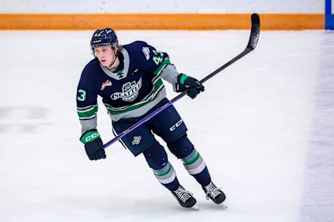 WINNIPEG, CANADA – JANUARY 11: Sawyer Mynio #43 of the Seattle Thunderbirds skates during first period action against the Winnipeg ICE at Wayne Fleming Arena on January 11, 2023 in Winnipeg, Manitoba, Canada. (Photo by Jonathan Kozub/Getty Images)