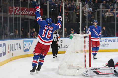 NEW YORK, NY – FEBRUARY 23: Ryan Strome #16 of the New York Rangers reacts after scoring a goal in the first period against the New Jersey Devils at Madison Square Garden on February 23, 2019 in New York City. (Photo by Jared Silber/NHLI via Getty Images)