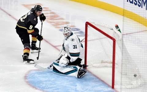 LAS VEGAS, NEVADA – OCTOBER 02: Cody Glass #9 of the Vegas Golden Knights scores a goal during the second period against the San Jose Sharks at T-Mobile Arena on October 02, 2019 in Las Vegas, Nevada. (Photo by Chris Unger/NHLI via Getty Images)