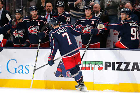 Jan 21, 2023; Columbus, Ohio, USA; Columbus Blue Jackets center Sean Kuraly (7) celebrates his goal against the San Jose Sharks during the third period at Nationwide Arena. Mandatory Credit: Russell LaBounty-USA TODAY Sports