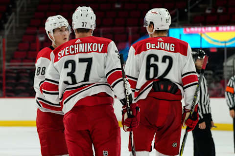 RALEIGH, NC – JUNE 30: Carolina Hurricanes Martin Necas (88), Carolina Hurricanes Brendan De Jong (62) and Carolina Hurricanes Andrei Svechnikov (37) during the Canes Prospect Game at the PNC Arena in Raleigh, NC on June 30, 2018. (Photo by Greg Thompson/Icon Sportswire via Getty Images)