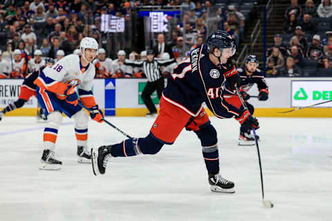 Mar 24, 2023; Columbus, Ohio, USA; Columbus Blue Jackets center Hunter McKown (41) shoots the puck against the New York Islanders in the first period at Nationwide Arena. Mandatory Credit: Aaron Doster-USA TODAY Sports