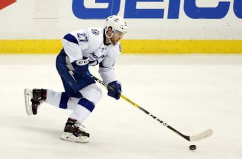 May 22, 2016; Pittsburgh, PA, USA; Tampa Bay Lightning left wing Jonathan Drouin (27) skates with the puck against the Pittsburgh Penguins during the second period in game five of the Eastern Conference Final of the 2016 Stanley Cup Playoffs at the CONSOL Energy Center. The Lightning won 4-3 in overtime to take a three games to two lead in the series. Mandatory Credit: Charles LeClaire-USA TODAY Sports