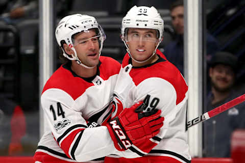 DENVER, CO – NOVEMBER 02: Victor Rask #49 of the Carolina Hurricanes is congratulated by Justin Williams after scoring a goal against the Colorado Avalanche at the Pepsi Center on November 2, 2017 in Denver, Colorado. (Photo by Matthew Stockman/Getty Images)