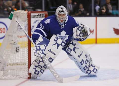 Dec 17, 2015; Toronto, Ontario, CAN; Toronto Maple Leafs goaltender Garret Sparks (31) guards the net against the San Jose Sharks at the Air Canada Centre. San Jose defeated Toronto 5-4 in overtime. Mandatory Credit: John E. Sokolowski-USA TODAY Sports