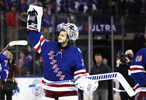 NEW YORK, NEW YORK – MAY 15: Igor Shesterkin #31 of the New York Rangers celebrates a 4-3 series winning overtime victory against the Pittsburgh Penguins in Game Seven of the First Round of the 2022 Stanley Cup Playoffs at Madison Square Garden on May 15, 2022 in New York City. (Photo by Bruce Bennett/Getty Images)