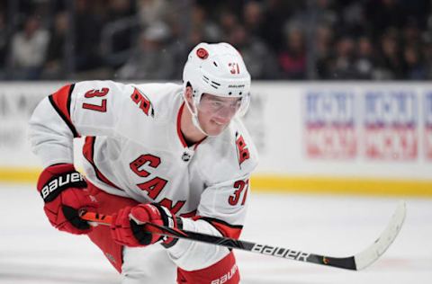 LOS ANGELES, CALIFORNIA – OCTOBER 15: Andrei Svechnikov #37 of the Carolina Hurricanes skates after a shoot in during a 2-0 Hurricanes win over the Los Angeles Kings at Staples Center on October 15, 2019 in Los Angeles, California. (Photo by Harry How/Getty Images)