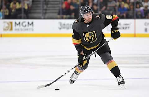 LAS VEGAS, NV – APRIL 04: Colin Miller #6 of the Vegas Golden Knights shoots the puck during the first period against the Arizona Coyotes at T-Mobile Arena on April 4, 2019 in Las Vegas, Nevada. (Photo by Jeff Bottari/NHLI via Getty Images)