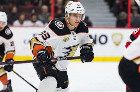 OTTAWA, ON – FEBRUARY 07: Anaheim Ducks Right Wing Jakob Silfverberg (33) reacts to a face-off during second period National Hockey League action between the Anaheim Ducks and Ottawa Senators on February 7, 2019, at Canadian Tire Centre in Ottawa, ON, Canada. (Photo by Richard A. Whittaker/Icon Sportswire via Getty Images)