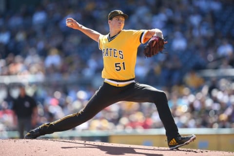 Sep 25, 2016; Pittsburgh, PA, USA; Pittsburgh Pirates starting pitcher Tyler Glasnow (51) delivers a pitch against the Washington Nationals during the first inning at PNC Park. Mandatory Credit: Charles LeClaire-USA TODAY Sports