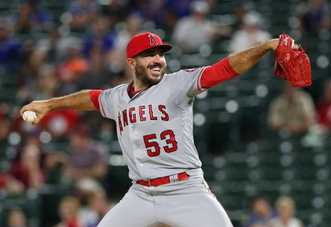 ARLINGTON, TX – SEPTEMBER 03: Blake Parker #53 of the Los Angeles Angels pitches for the save in the 3-1 win over the Texas Rangers at Globe Life Park in Arlington on September 3, 2018 in Arlington, Texas. (Photo by Richard Rodriguez/Getty Images)