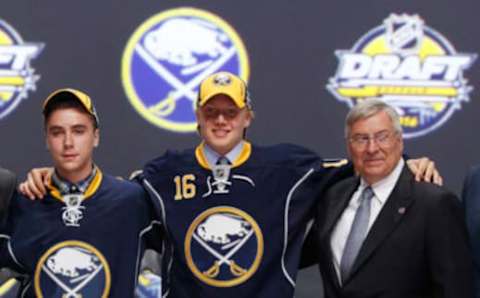 Jun 24, 2016; Buffalo, NY, USA; Alexander Nylander poses for a photo after being selected as the number eight overall draft pick by the Buffalo Sabres in the first round of the 2016 NHL Draft at the First Niagra Center. Mandatory Credit: Timothy T. Ludwig-USA TODAY Sports