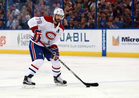 Mar 31, 2016; Tampa, FL, USA; Montreal Canadiens defenseman Andrei Markov (79) skates with the puck against the Tampa Bay Lightning during the first period at Amalie Arena. Mandatory Credit: Kim Klement-USA TODAY Sports