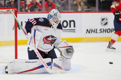 Nov 6, 2023; Sunrise, Florida, USA; Columbus Blue Jackets goaltender Spencer Martin (30) makes a save against the Florida Panthers during the second period at Amerant Bank Arena. Mandatory Credit: Sam Navarro-USA TODAY Sports