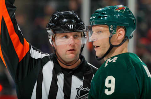 SAINT PAUL, MN – FEBRUARY 4: Mikko Koivu #9 of the Minnesota Wild talks with an official during the game against the Chicago Blackhawks at the Xcel Energy Center on February 4, 2020, in Saint Paul, Minnesota. (Photo by Bruce Kluckhohn/NHLI via Getty Images)